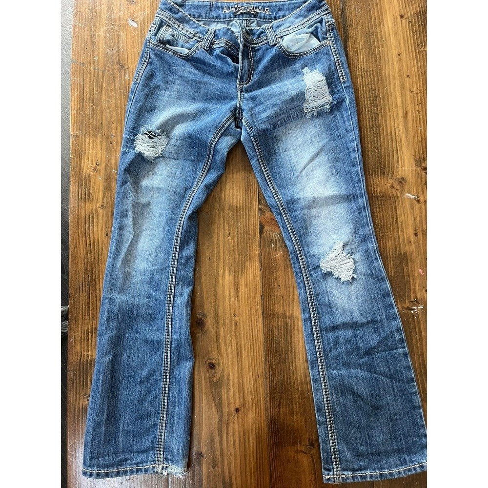 Almost Famous Distressed Flare Jeans Blue Medium Wash Embroidered Pockets Size 9